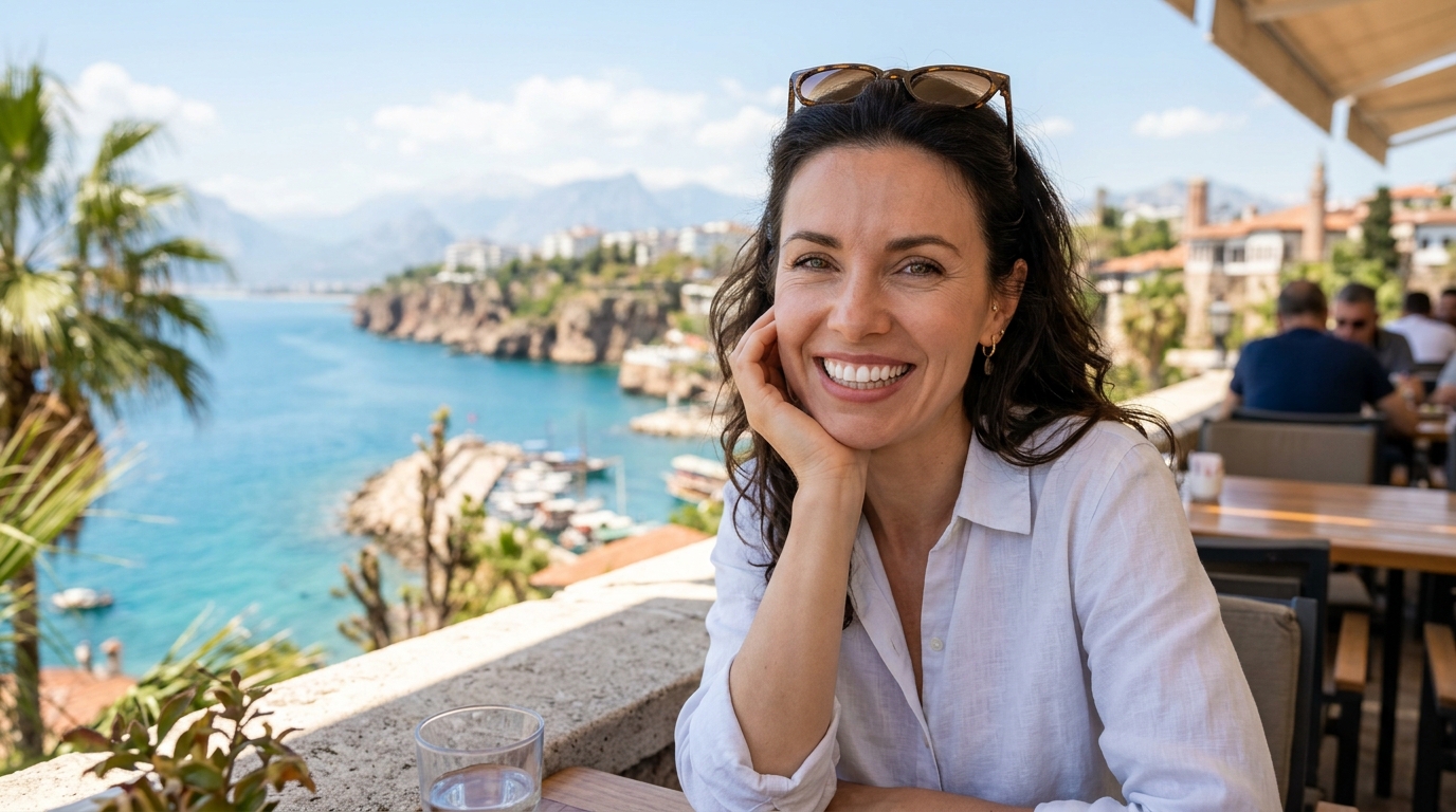 Smiling patient enjoying healthy teeth in Antalya Turkey